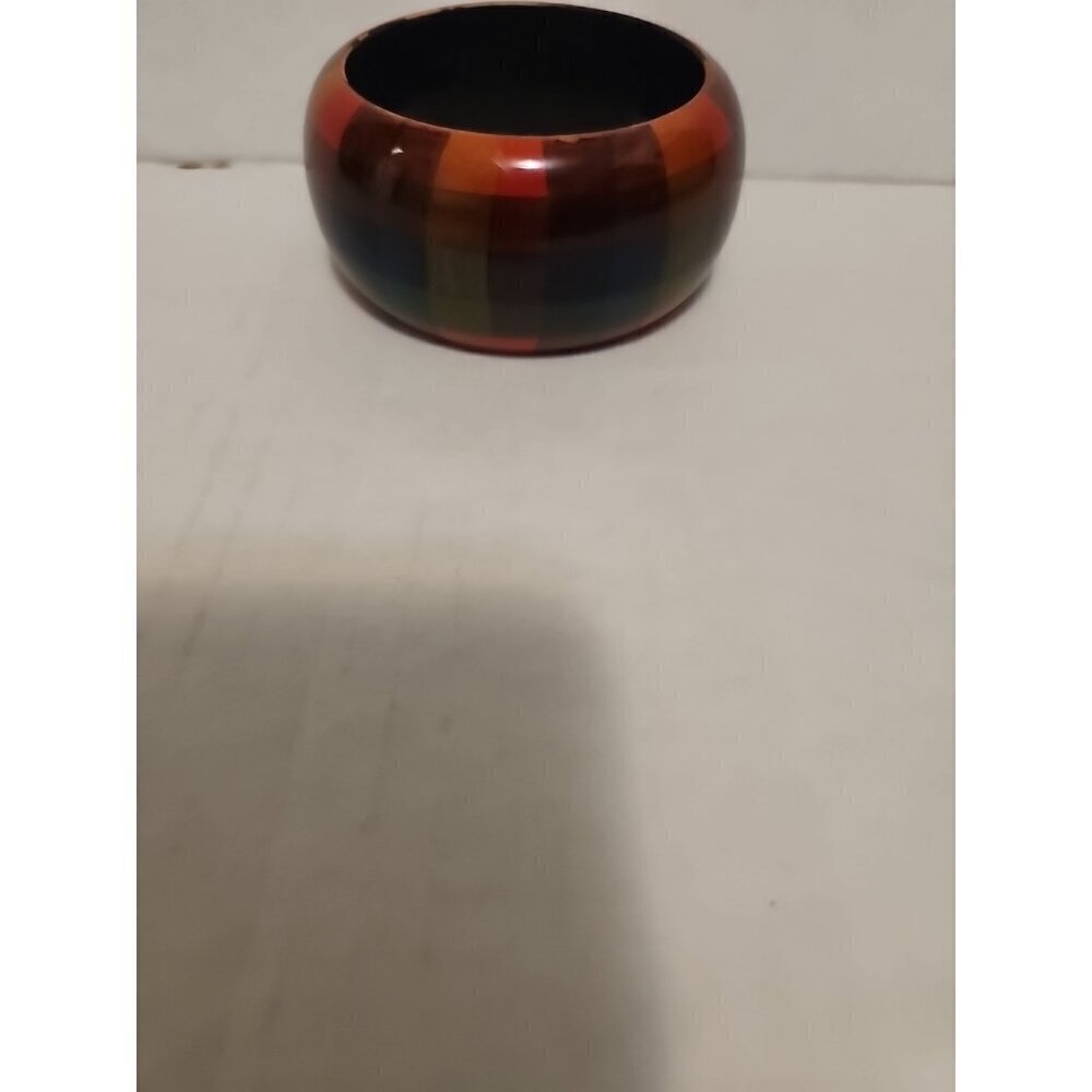 Vintage 70s Boho Hippie Chunky Plaid Painted Wooden Bangle Bracelet